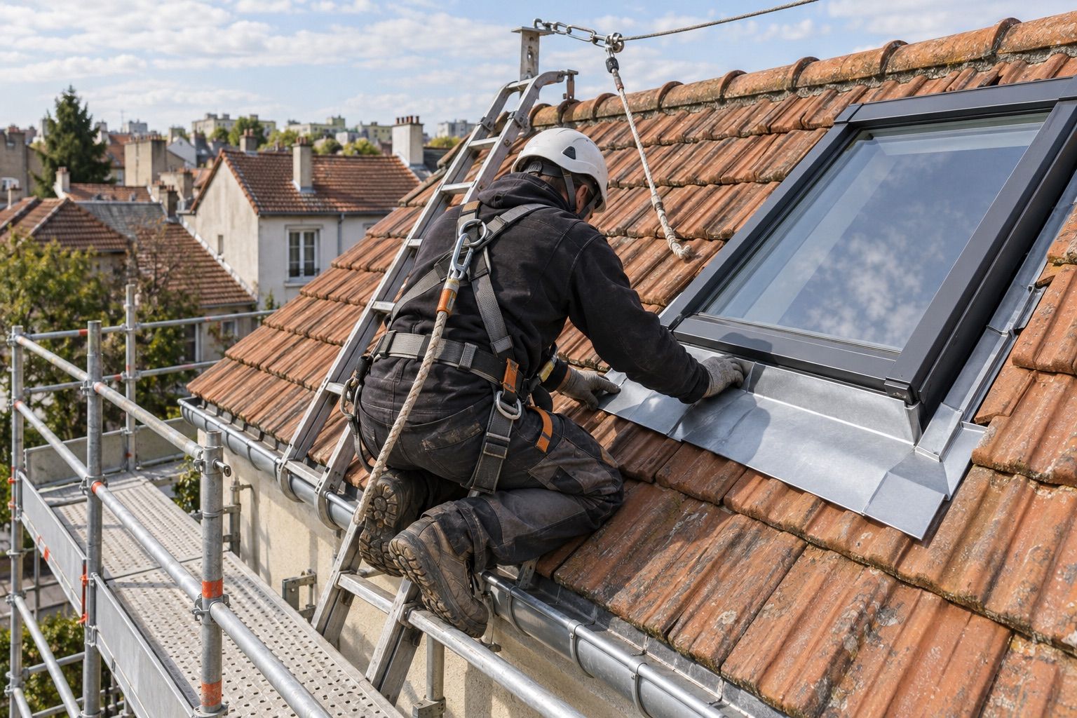 Gros plan sur des mains gantées installant un kit de raccordement autour d’une fenêtre de toit.