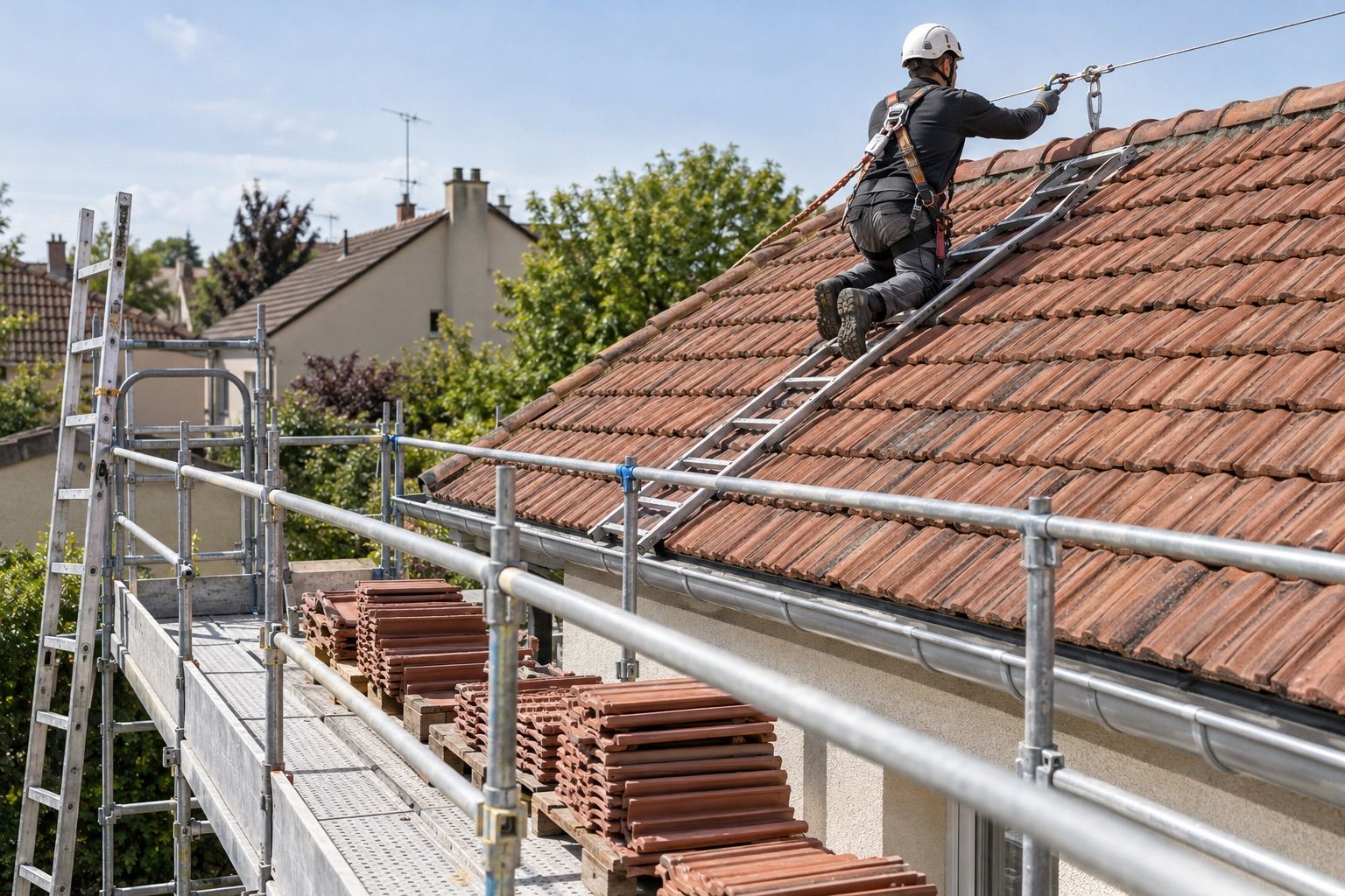 Piles de tuiles neuves sur une plateforme d’échafaudage avec garde-corps, couvreur attachant son harnais.